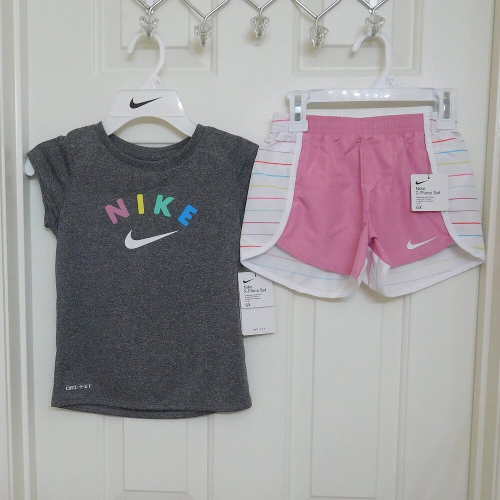NWT 2pc Nike Gray Colorful Logo Top & Pink Stripe Shorts Set sz 6x